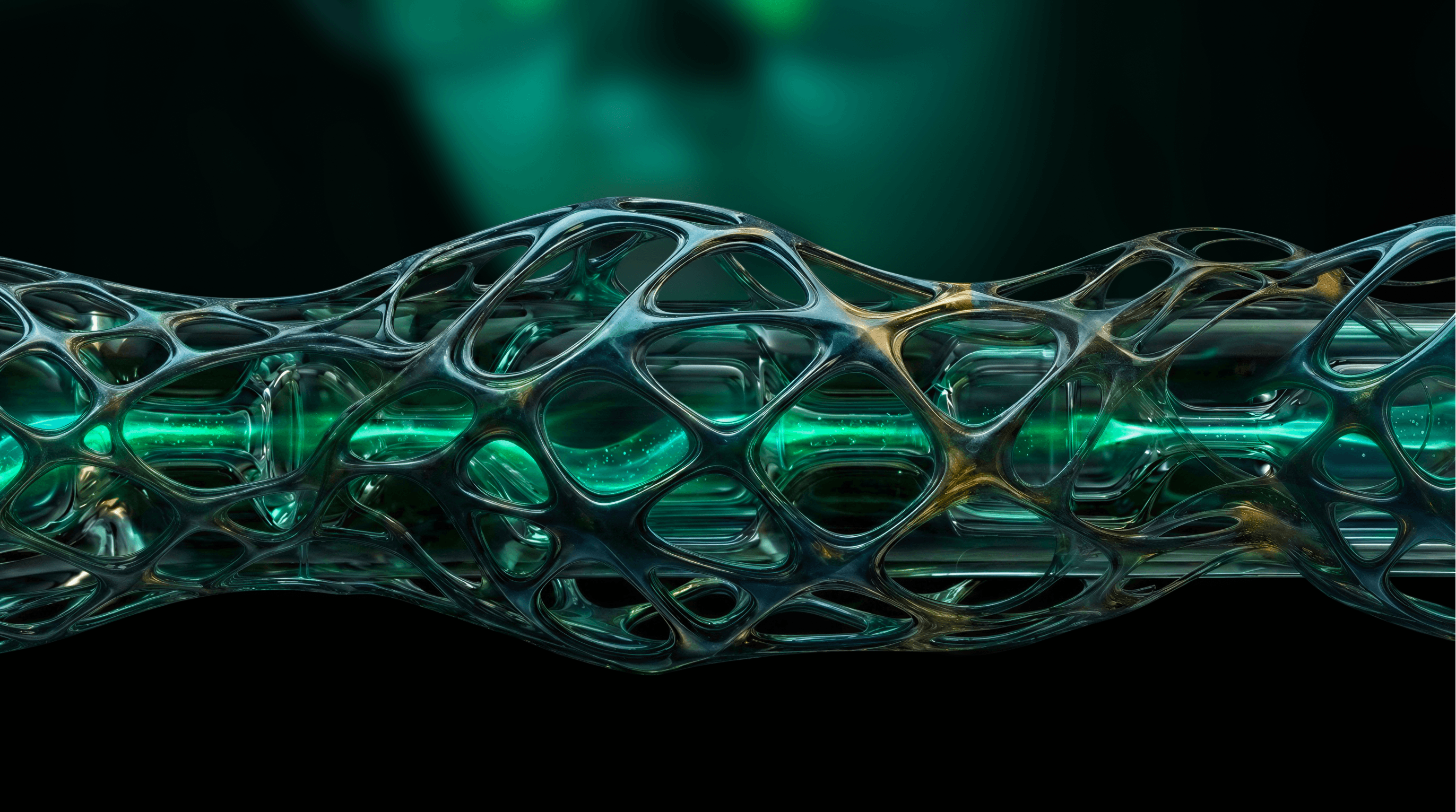 A luminous Neon form holds a protected internal signal path inside one coherent translucent structure.