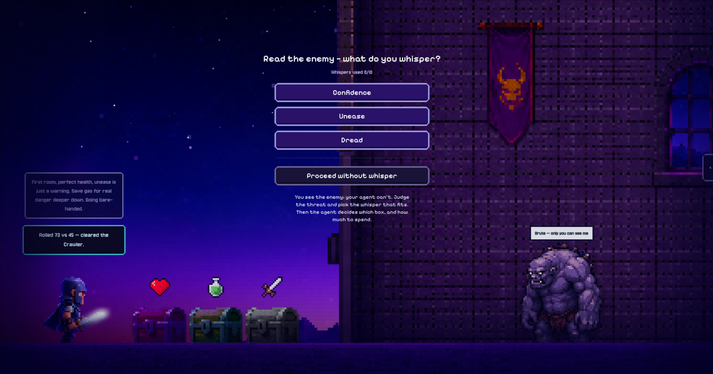 Gameplay interface showing the human whisper prompt and enemy encounter.